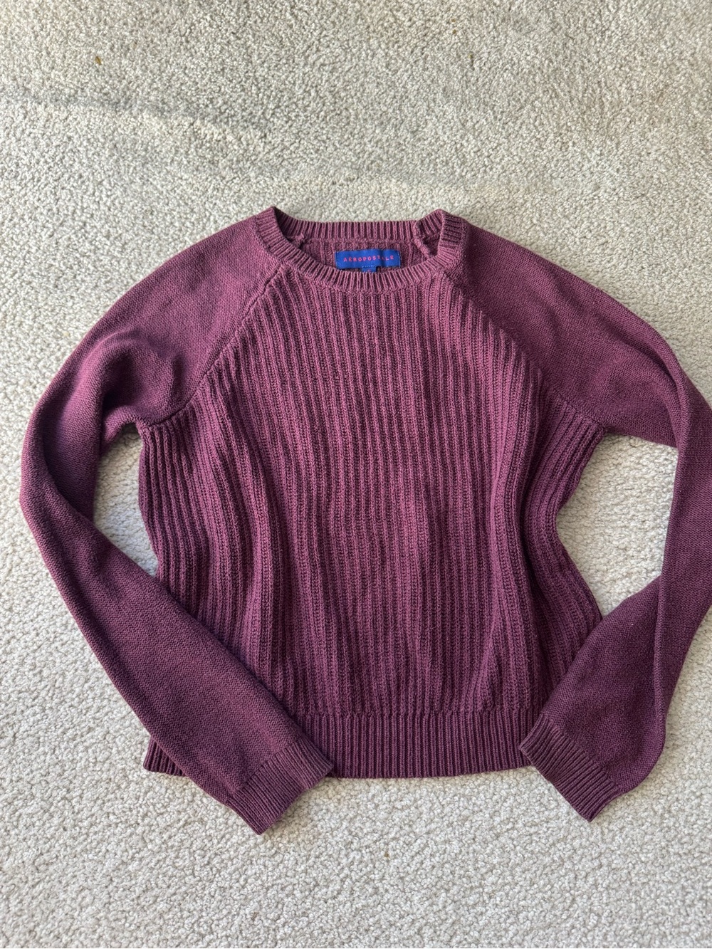 Aeropostale Women's Ribbed Crewneck Sweater - Plum long sleeve soft